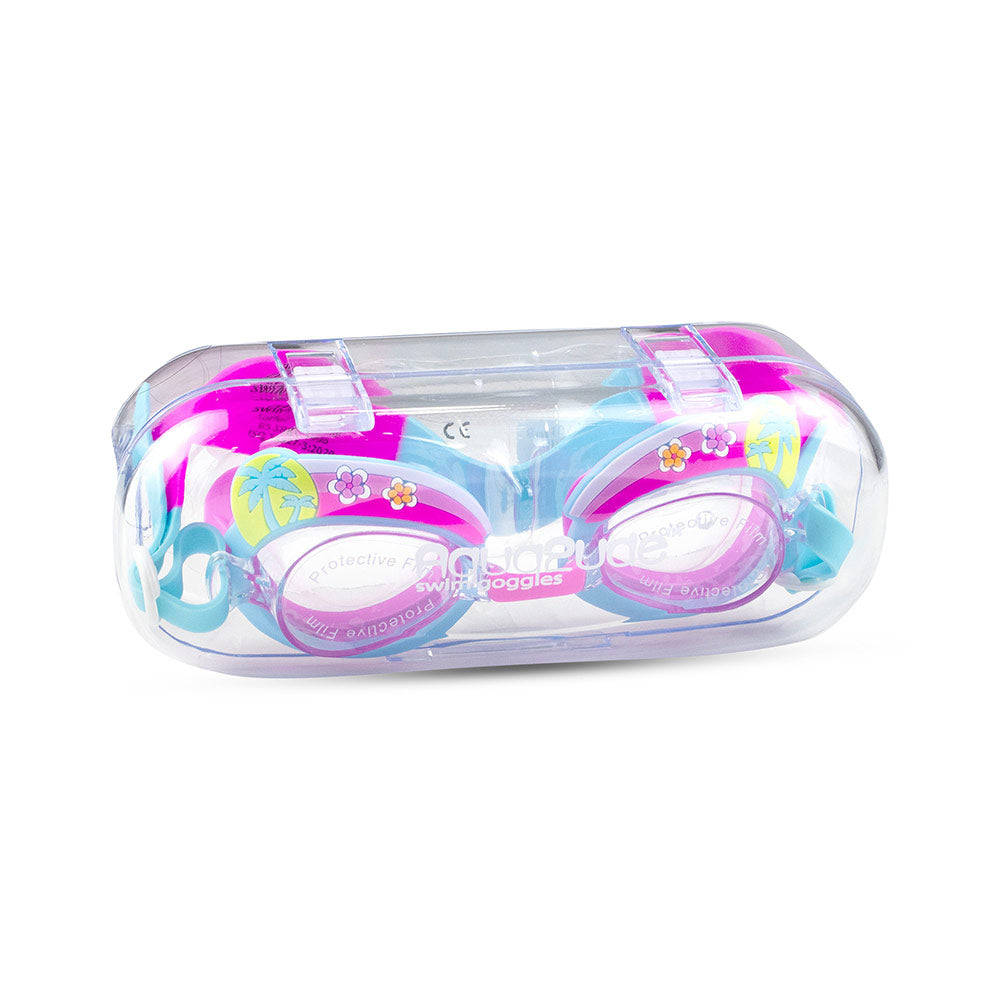 Aqua2ude Mini Get-Away Blue Swim Goggles for Kids - Alligator Style, UV & Anti-Fog Lenses, Age 3+, With Case