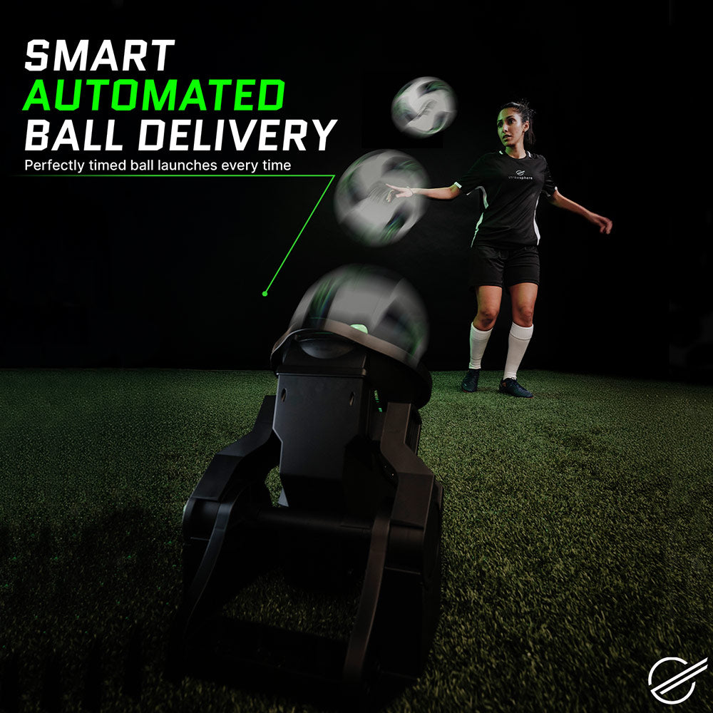 Strikesphere Soccer Launcher Smart Football Training Customisable Universal Launcher for Volleys, Control & Precision, Fires up to 13ft, LED Audio Countdown