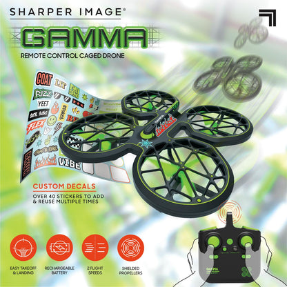 Sharper Image® Gamma RC Caged Drone 6.9inch 150 Feet Range Remote Control Toy for Kids 8+ Years, with 40 Reusable Stickers for Personalized Design