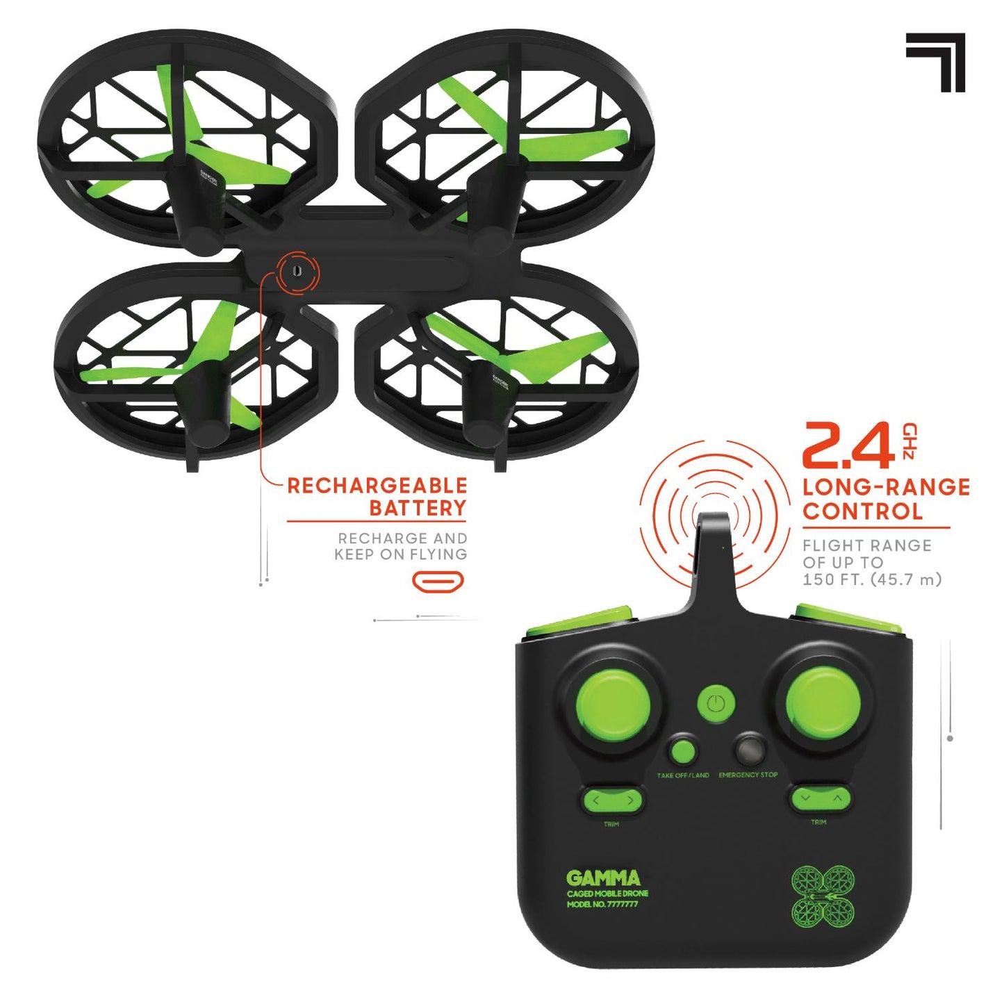 Sharper Image® Gamma RC Caged Drone 6.9inch 150 Feet Range Remote Control Toy for Kids 8+ Years, with 40 Reusable Stickers for Personalized Design