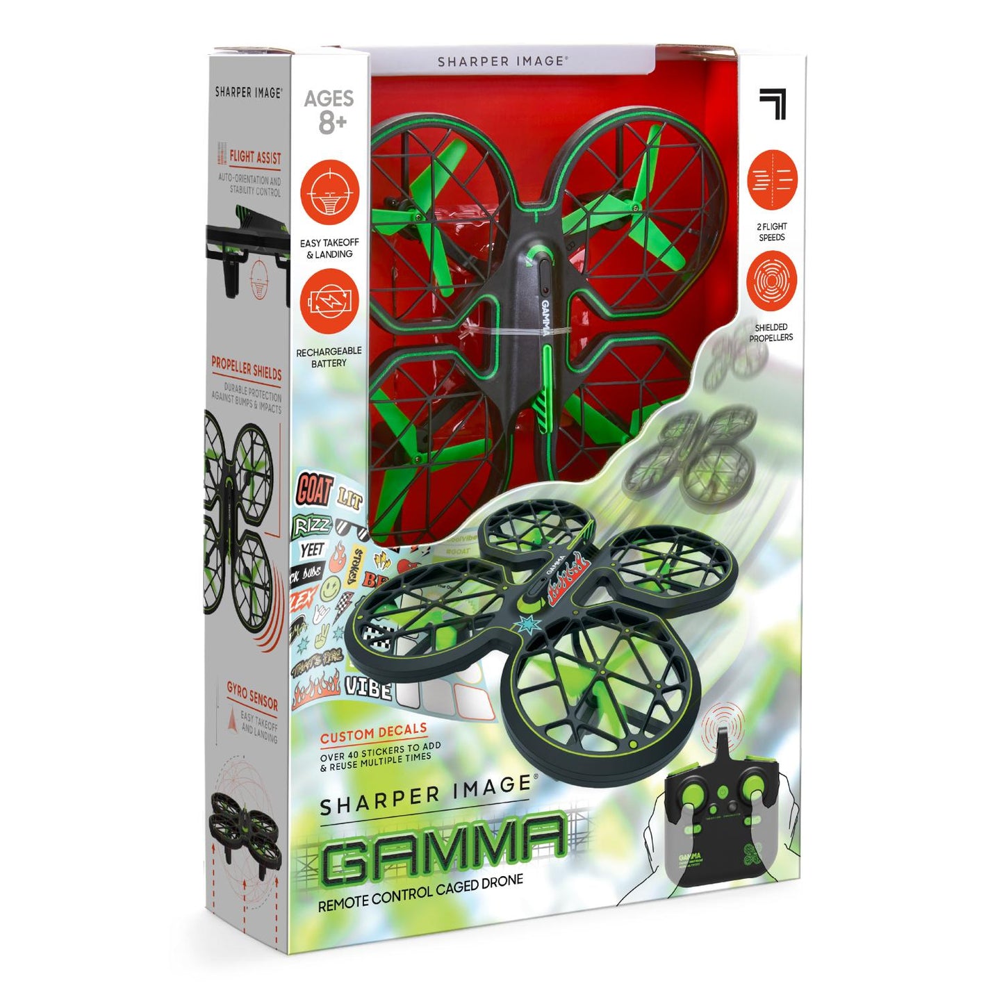 Sharper Image® Gamma RC Caged Drone 6.9inch 150 Feet Range Remote Control Toy for Kids 8+ Years, with 40 Reusable Stickers for Personalized Design