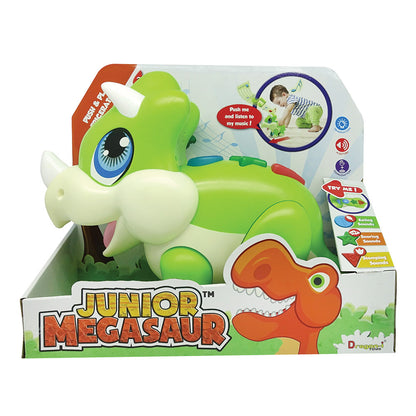 Junior Megasaur Push & Play Sound Green Triceratops Figure Educational Toy, Eating Snoring Stomping