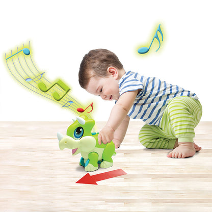 Junior Megasaur Push & Play Sound Green Triceratops Figure Educational Toy, Eating Snoring Stomping