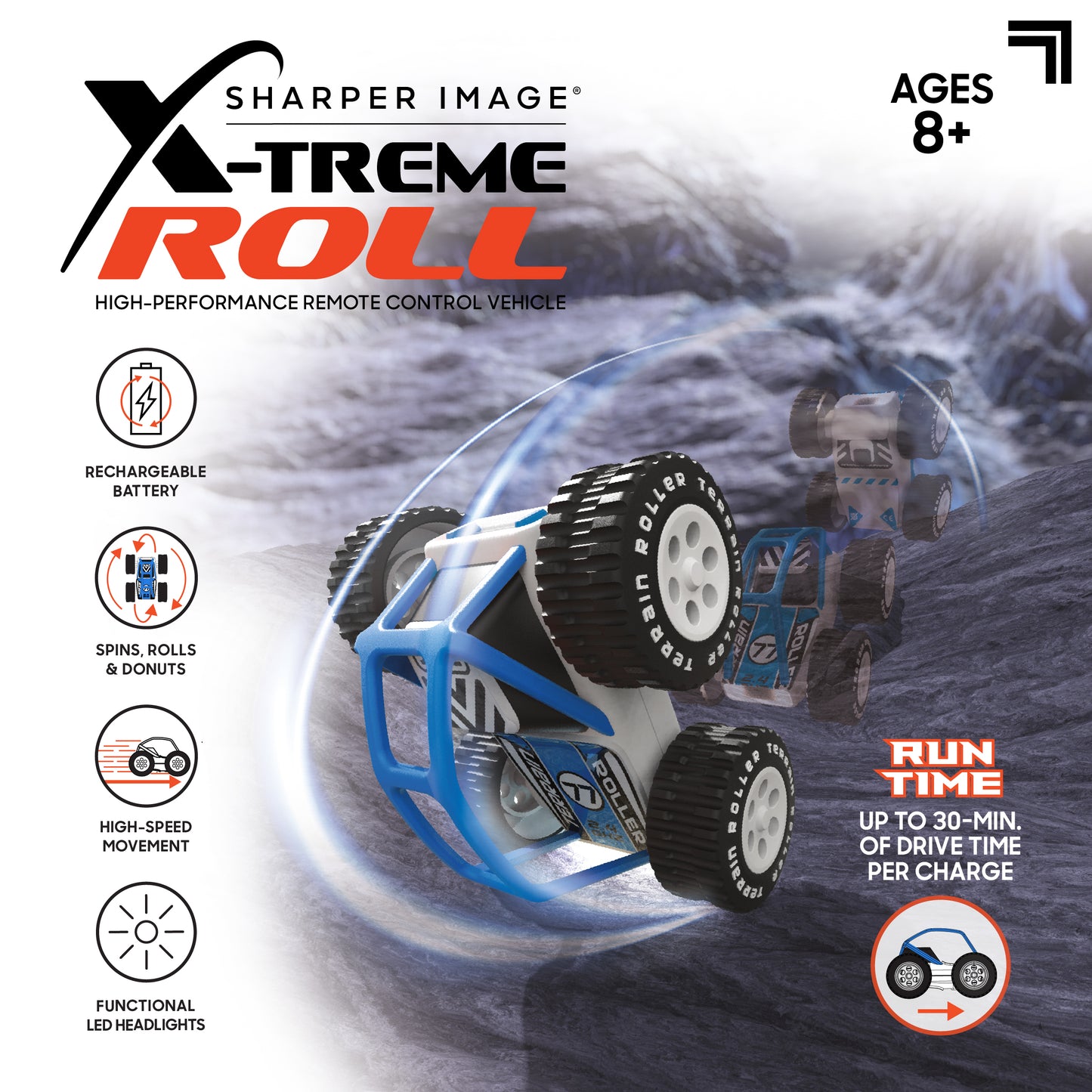 Sharper Image® Toy RC x-Treme Roll High Performance Remote Control Vehicle with 360 Stunts, Spin and Flips, All-Terrain, Age 6+, Blue