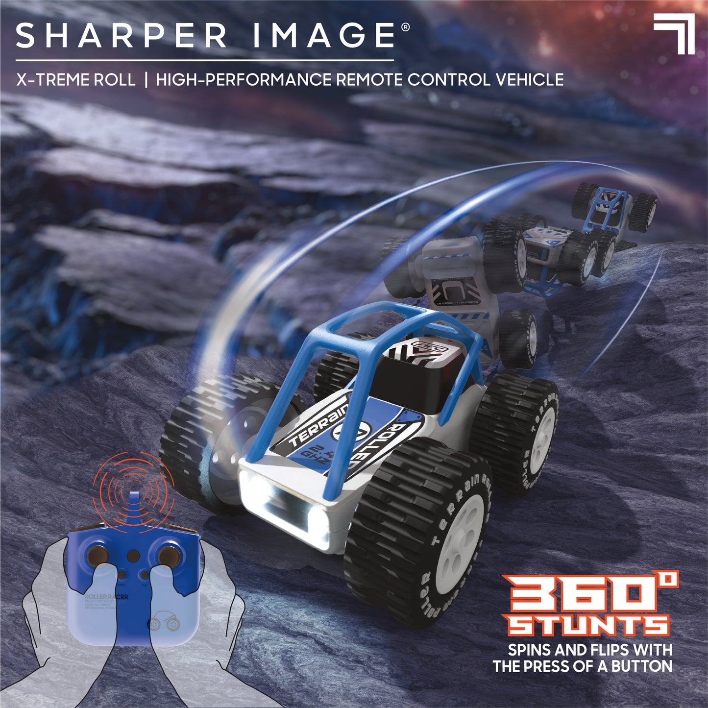 Sharper Image® Toy RC x-Treme Roll High Performance Remote Control Vehicle with 360 Stunts, Spin and Flips, All-Terrain, Age 6+, Blue