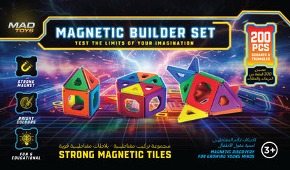 Mad Toys Magnetic Builder Set 200 Pieces Multicolour Magnetic Construction Tiles STEM Educational Building Toy for Kids, Creative Learning, Fine Motor Skills & Imaginative Play, Ages 3+