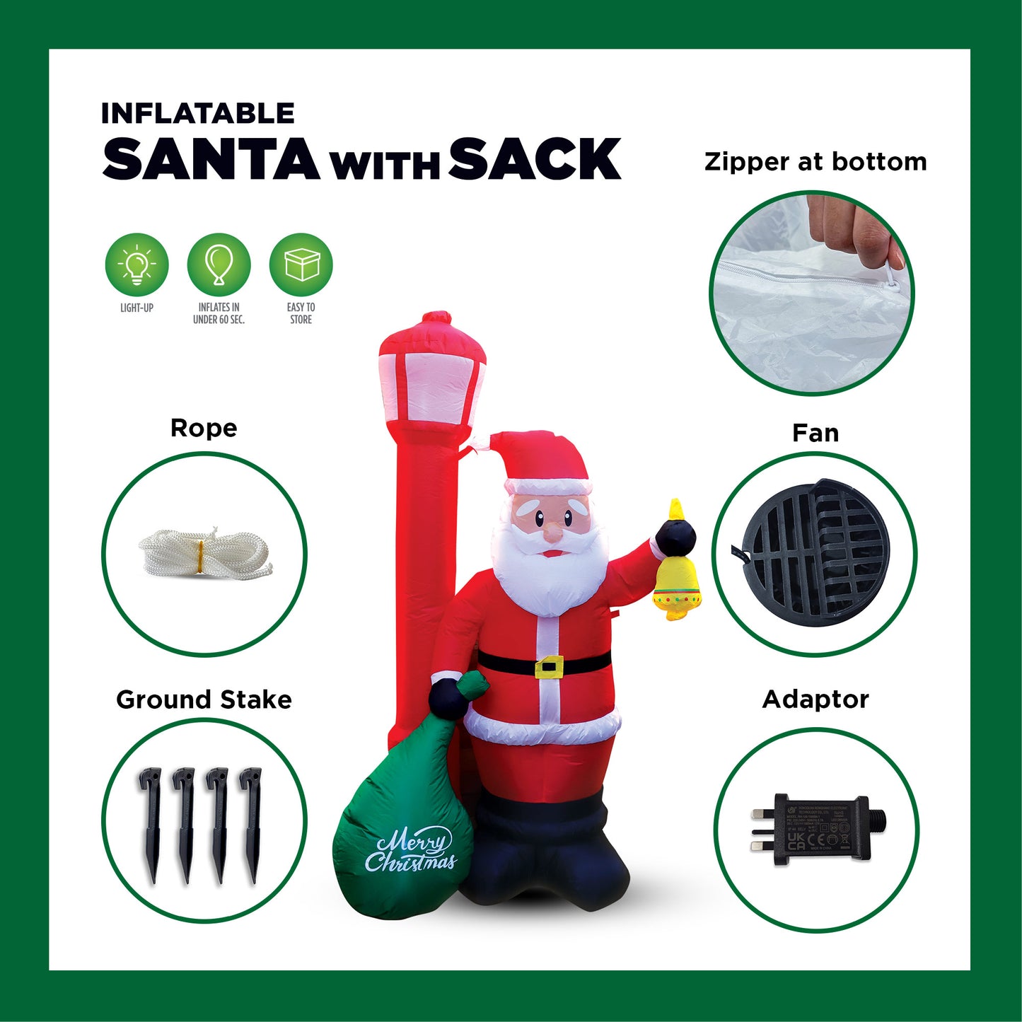 Mad Toys 6 Ft Inflatable Santa Claus Carrying Sack Light Up Xmas Outdoor/ Indoor Giant Blow Up Holiday Decorations