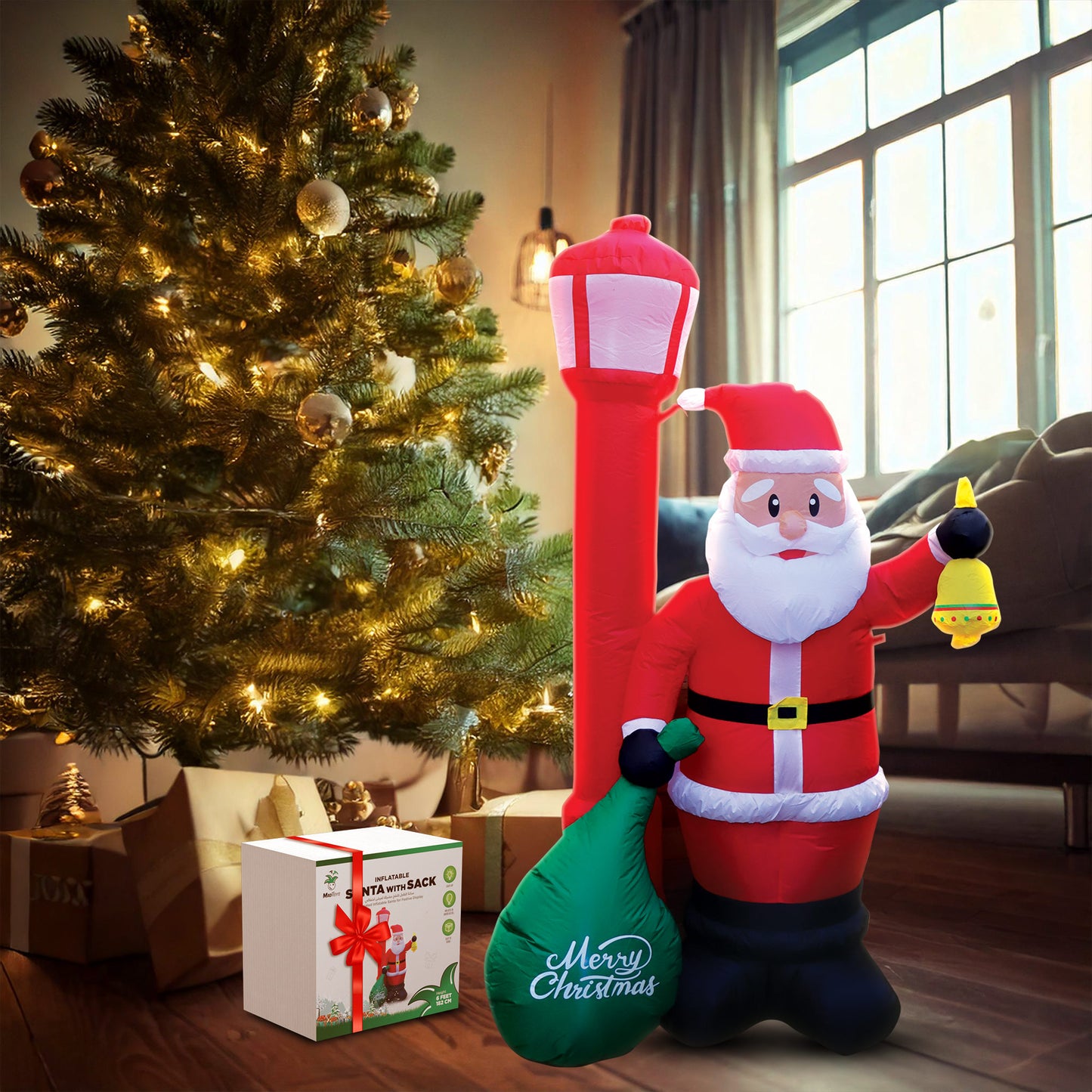 Mad Toys 6 Ft Inflatable Santa Claus Carrying Sack Light Up Xmas Outdoor/ Indoor Giant Blow Up Holiday Decorations