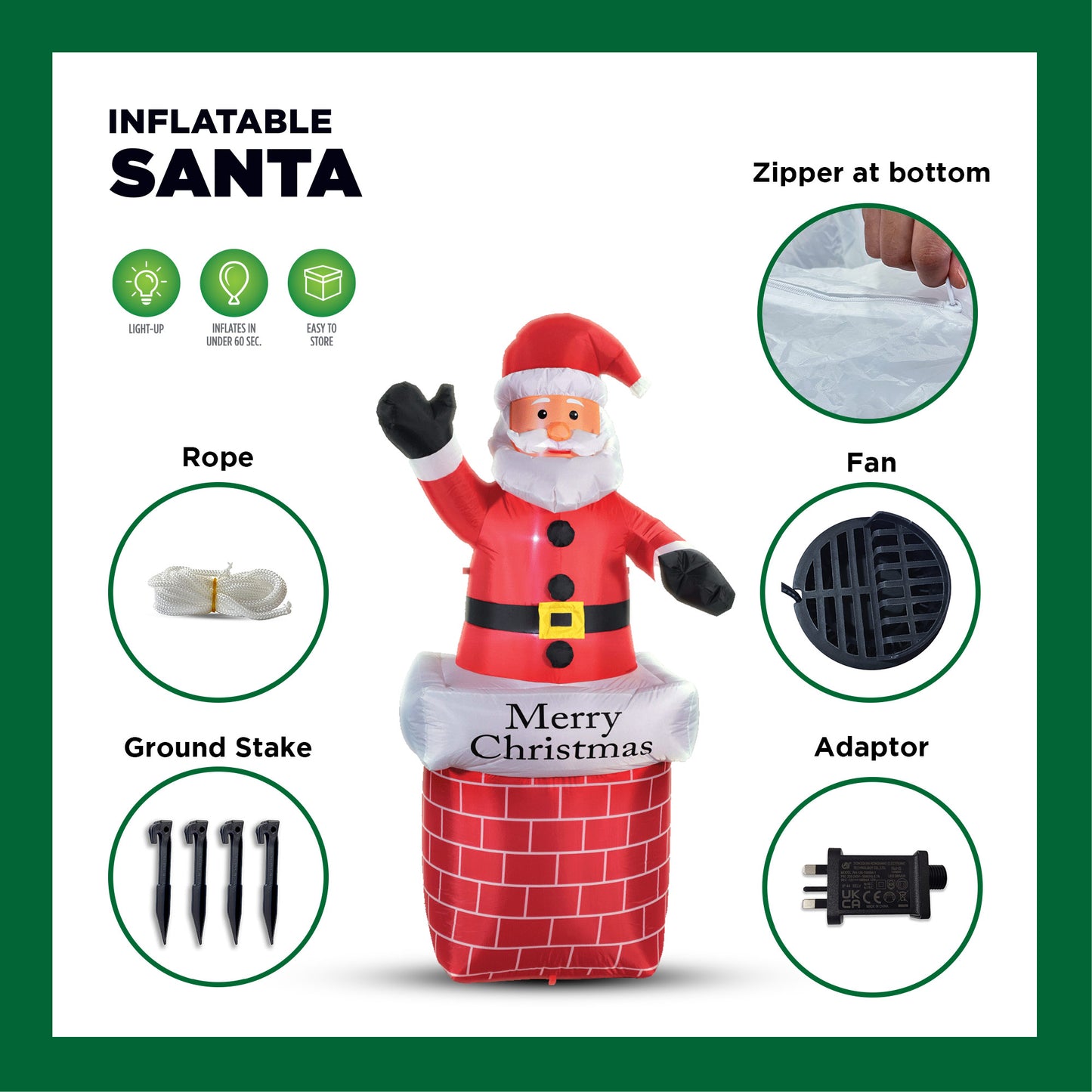 Mad Toys 6 Feet Inflatable Santa in a Chimney Xmas Indoor & Outdoor Blow Up Holiday Decorations