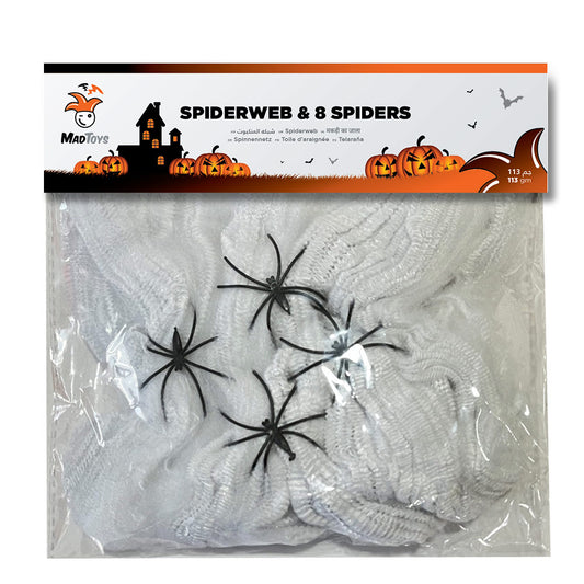 Mad Toys Creepy 8-Piece Black Spiders with White Spider Web Halloween Decoration