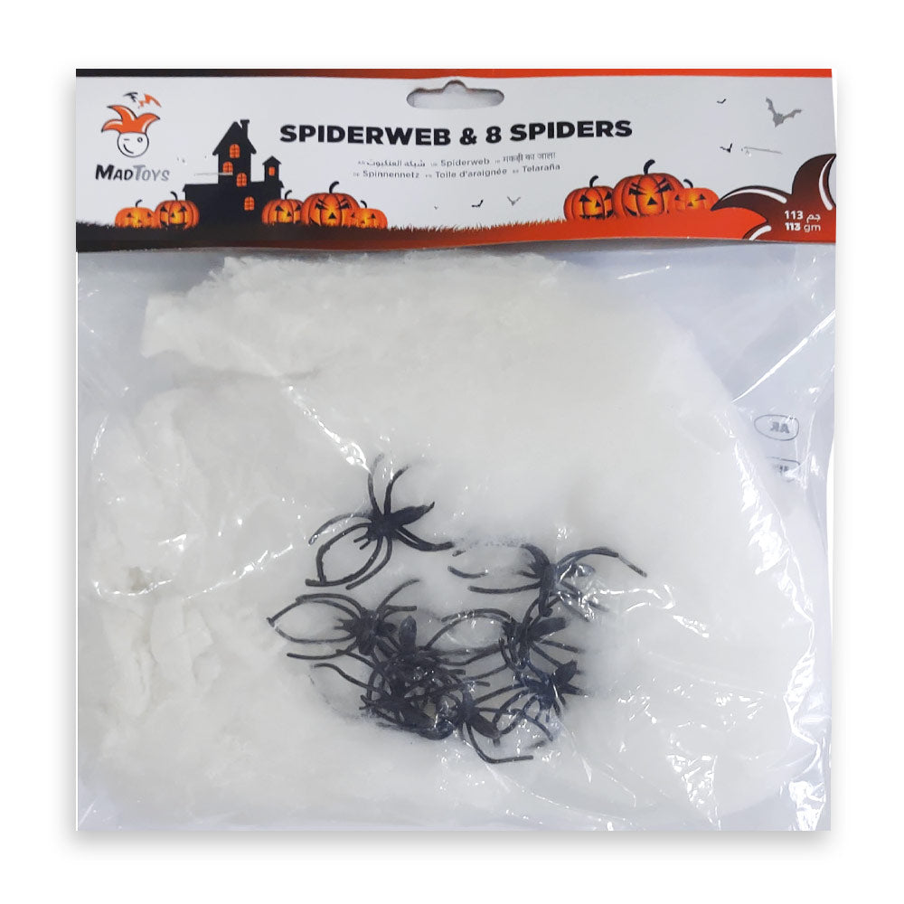 Mad Toys Creepy 8-Piece Black Spiders with White Spider Web Halloween Decoration