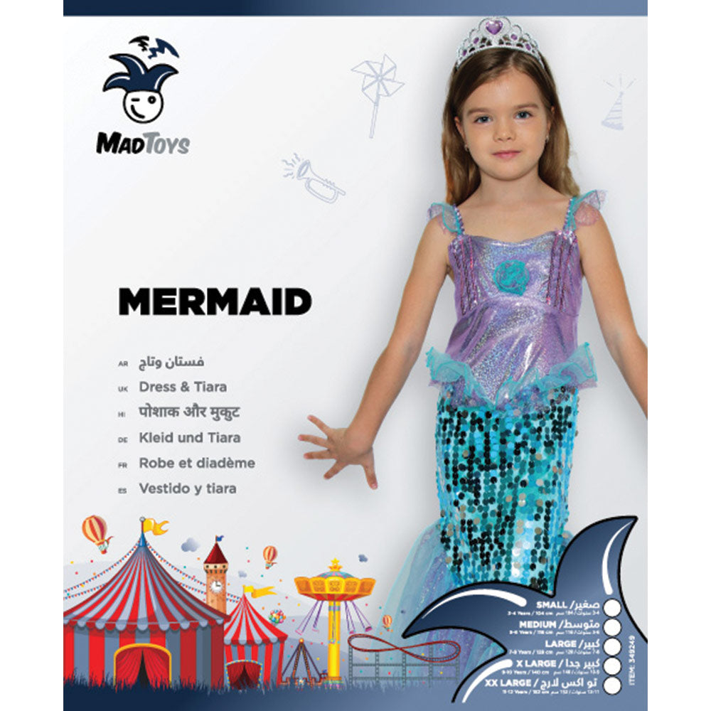Mad Toys Mermaid Princess Fancy Dress with Tiara Girls Costume