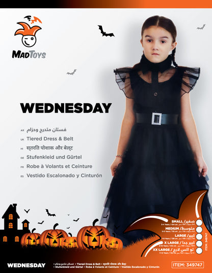 Mad Toys Wednesday Fancy Black Prom Dress with Belt Child Halloween Costumes for Trick or Treat Roleplay Dress Up Theme Party