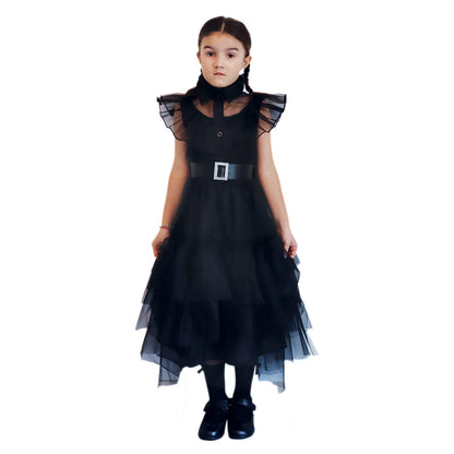 Mad Toys Wednesday Fancy Black Prom Dress with Belt Child Halloween Costumes for Trick or Treat Roleplay Dress Up Theme Party