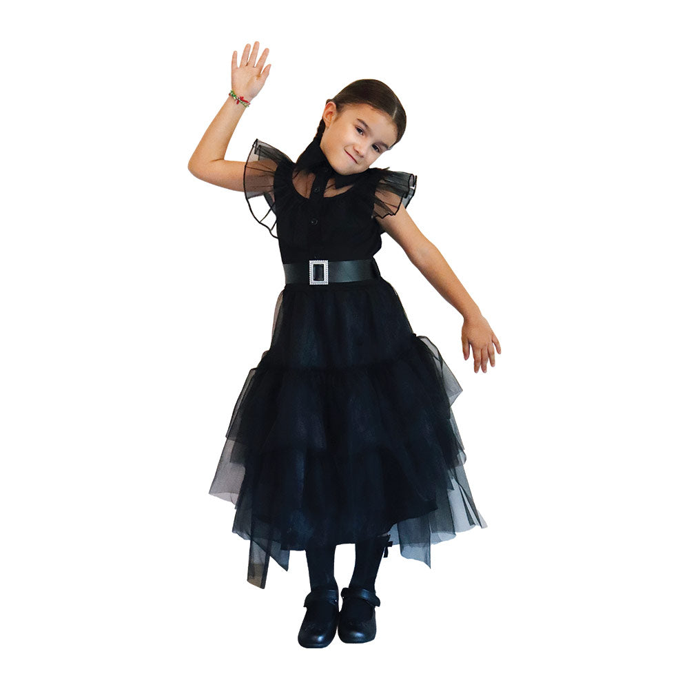 Mad Toys Wednesday Fancy Black Prom Dress with Belt Child Halloween Costumes for Trick or Treat Roleplay Dress Up Theme Party