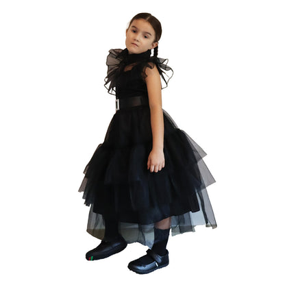 Mad Toys Wednesday Fancy Black Prom Dress with Belt Child Halloween Costumes for Trick or Treat Roleplay Dress Up Theme Party