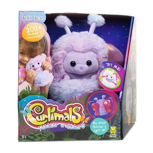Curlimals Flutter Wonders Bella Bear Interactive Soft Toy With Over 100 Sounds and Reactions Responds to Touch with Lights and Glow Wings Cuddly Fun Enchanted Pond Animal Gift For Girls and Boys Age 3+, Purple