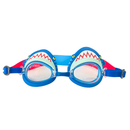 Aqua2ude Mini Meg Attach Kids Swim Goggles – Blue Shark Teeth Design, UV Protection, Anti-Fog, Latex-Free Silicone with Hard Case, Ages 3+