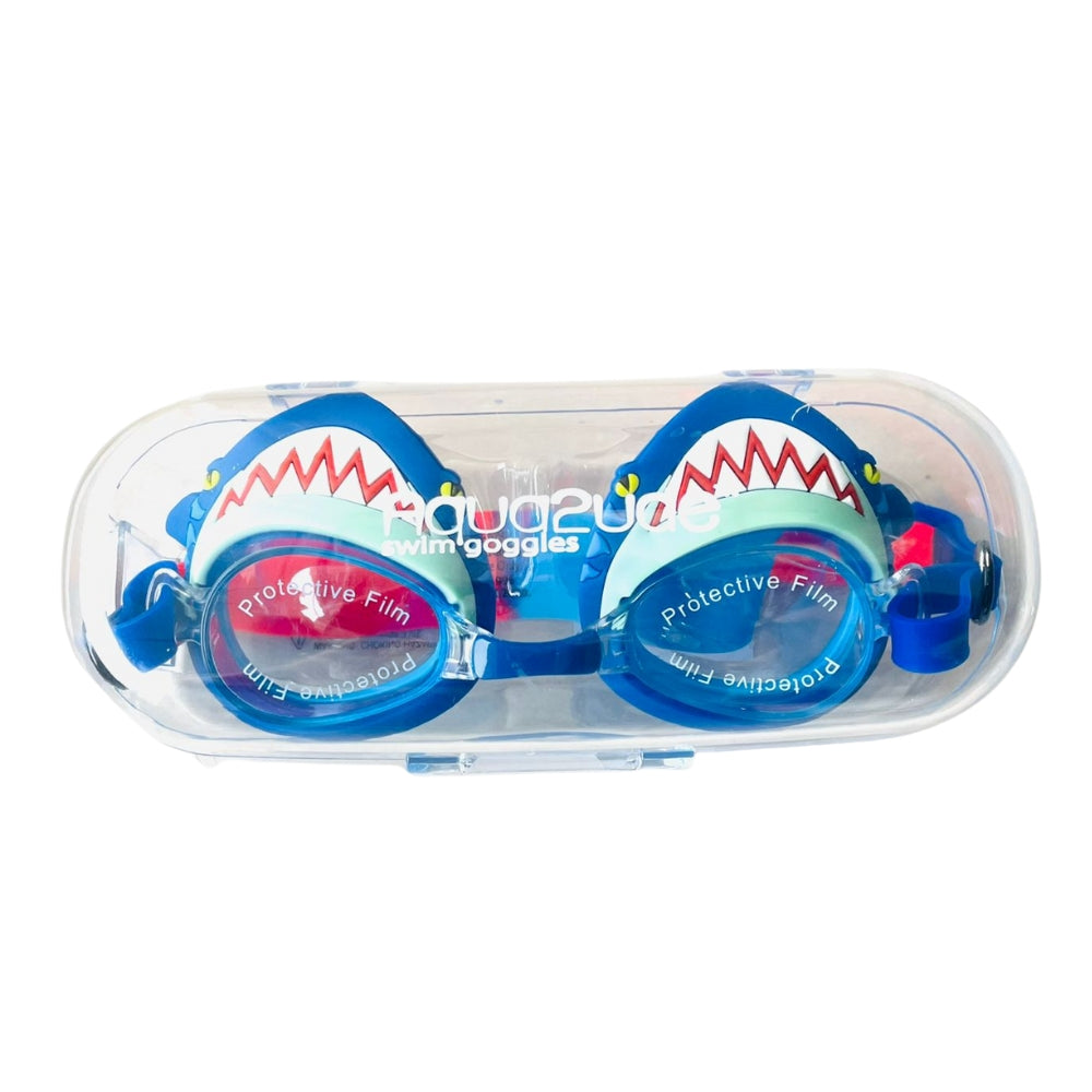 Aqua2ude Mini Meg Attach Kids Swim Goggles – Blue Shark Teeth Design, UV Protection, Anti-Fog, Latex-Free Silicone with Hard Case, Ages 3+