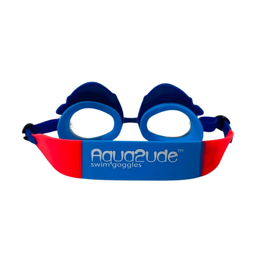 Aqua2ude Mini Meg Attach Kids Swim Goggles – Blue Shark Teeth Design, UV Protection, Anti-Fog, Latex-Free Silicone with Hard Case, Ages 3+