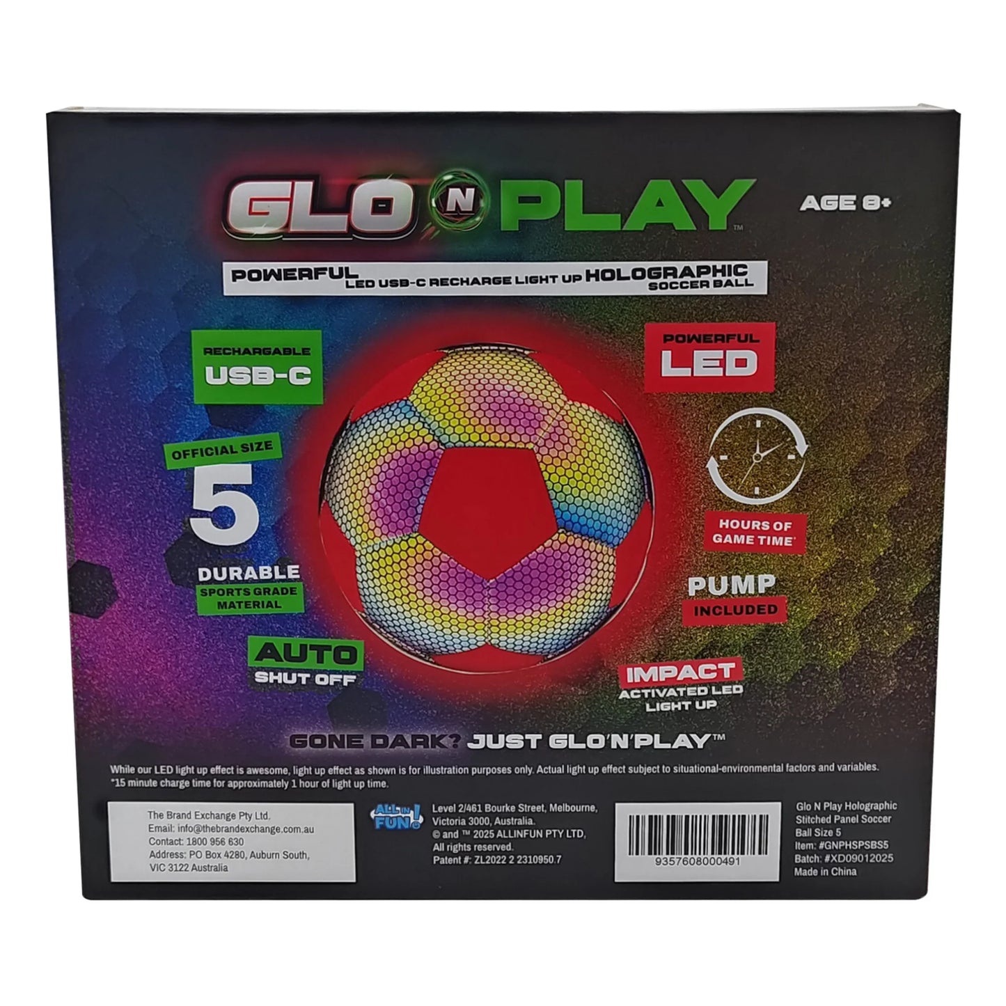Glo N Play™ LED USB-C Rechargeable Light Up Holographic Football Size 5 (Pump Included)