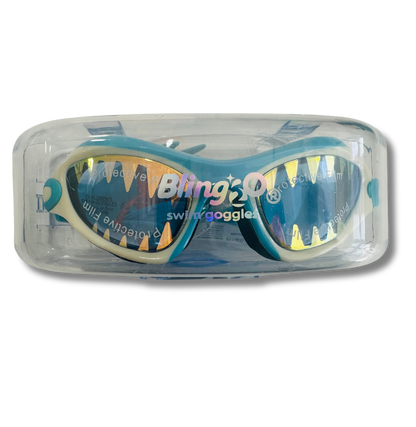 Bling2o Shark Tooth White Megamouth, Anti Fog, No Leak, Non Slip and UV Protection Kids Swim Goggles