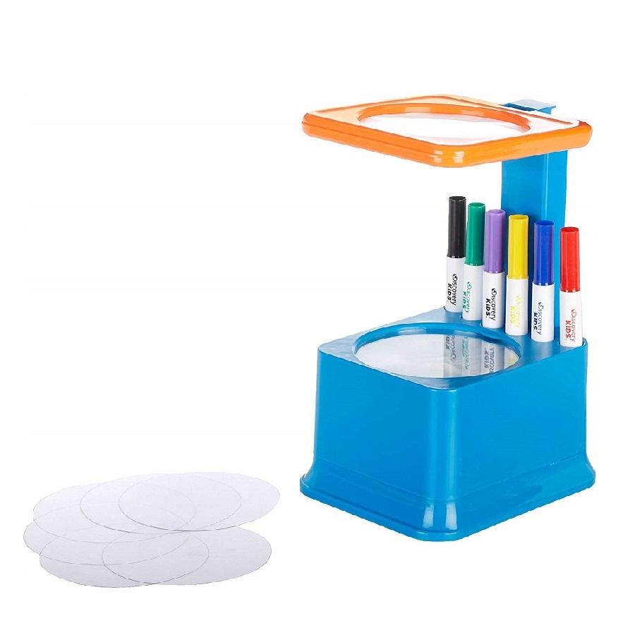 Blue projector with orange magnifying glass and multi-coloured pens and transparent discs.