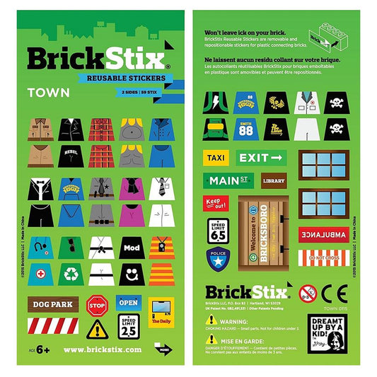 Town themed stickers in a green packet