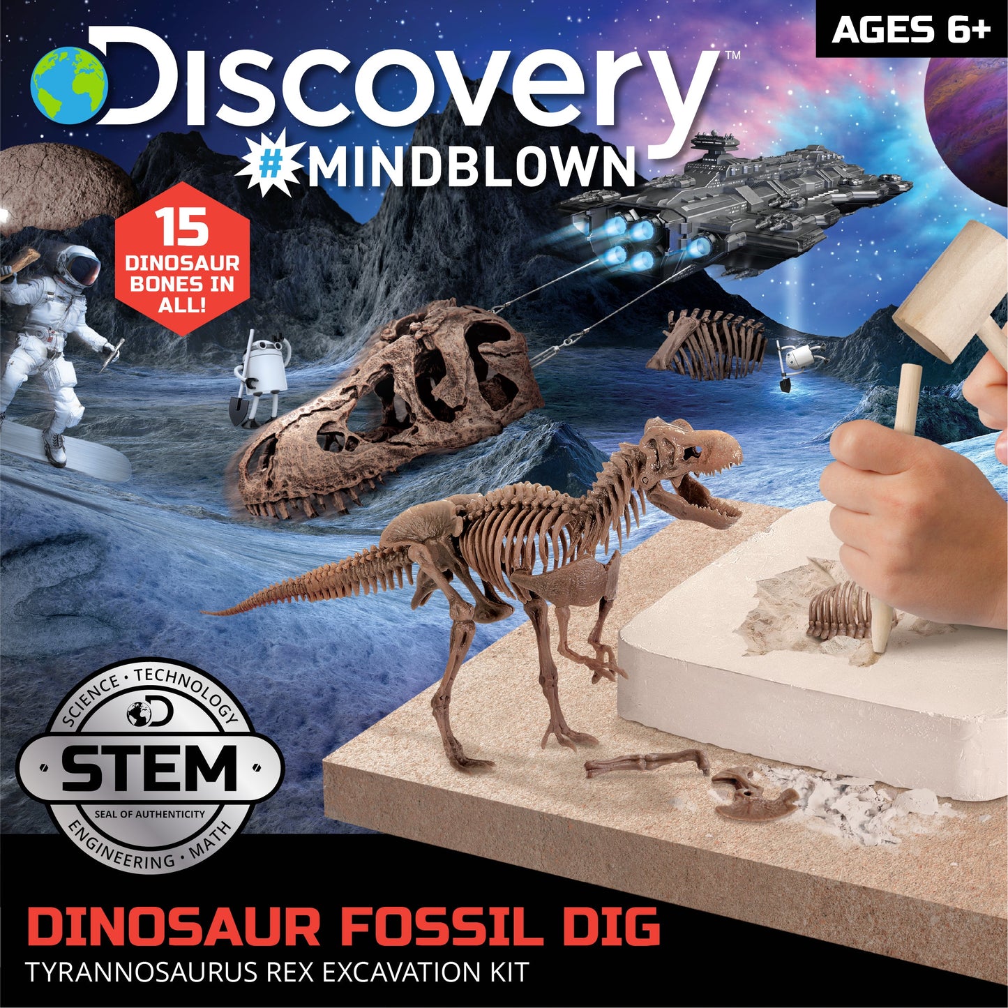 Discovery #MINDBLOWN 15 Piece Dinosaur 3D Fossil Dig Excavation Kit, T-Rex Skeleton Puzzle, Dig for Bones with Included Tools