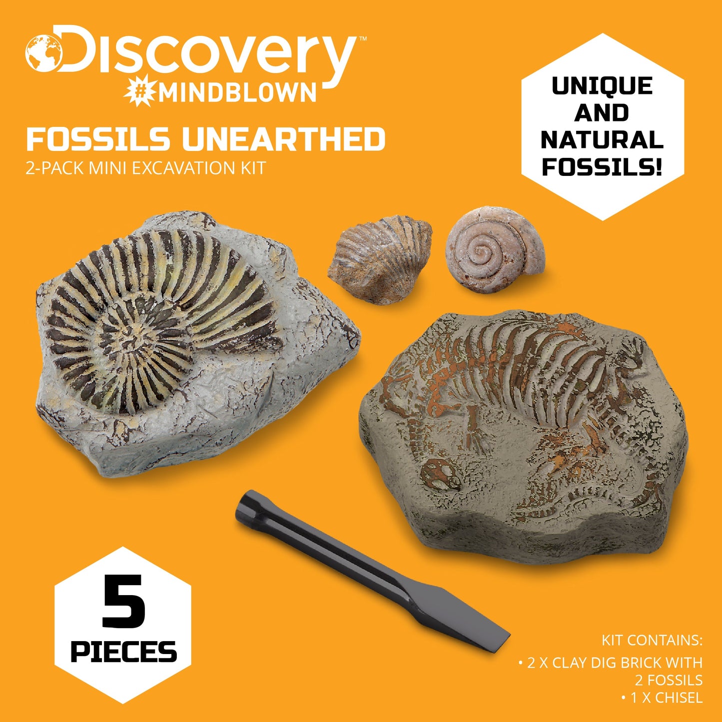 Discovery Mindblown Fossil Unearthed 2-Pack Mini Excavation Kit, with 5-pieces Unique And Natural Fossil